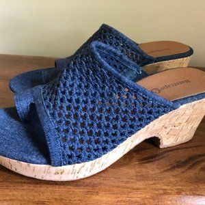 Blue Denim Cork Platform Sandals, Size 8-1/2